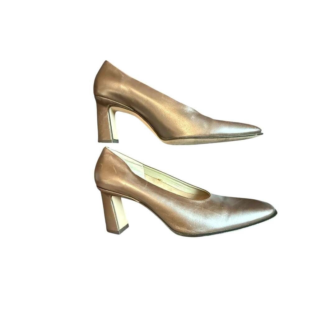 Evan-Picone New York Metallic Bronze Leather Block Heel Pumps Size 8B